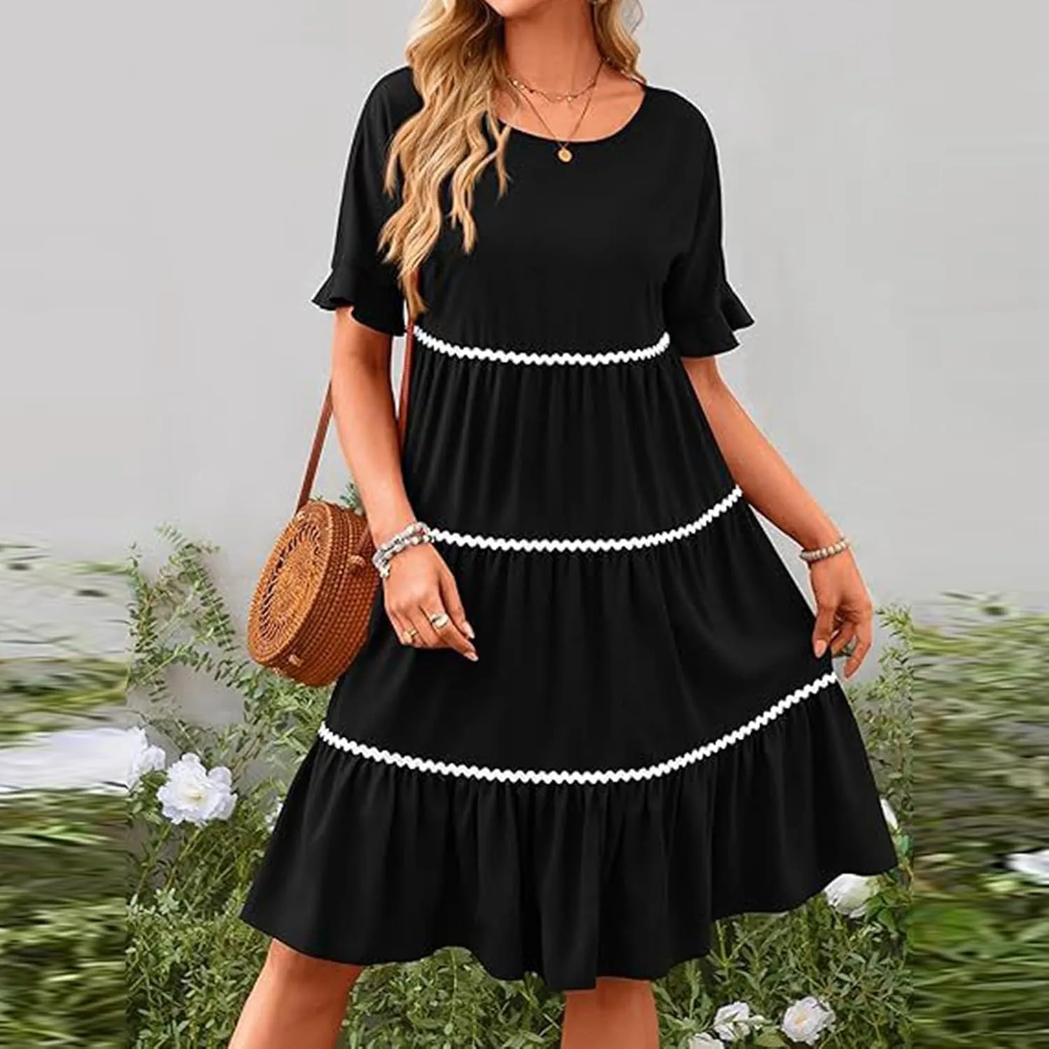 Women's Summer Flutter Short Sleeve Midi Dress Casual Crewneck Flowy Tiered Beach Vacation Fashionable Dresses