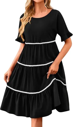 Women's Summer Flutter Short Sleeve Midi Dress Casual Crewneck Flowy Tiered Beach Vacation Fashionable Dresses