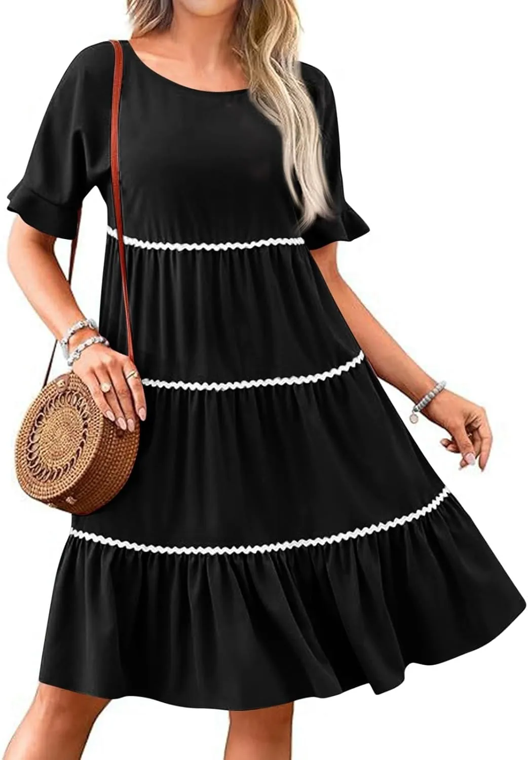 Women's Summer Flutter Short Sleeve Midi Dress Casual Crewneck Flowy Tiered Beach Vacation Fashionable Dresses