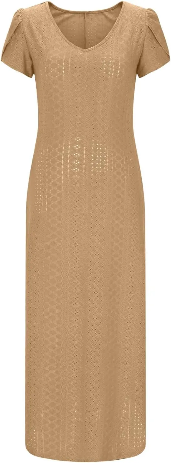 Women's Summer Maxi Dress Trendy Eyelet Embroidery Petal Sleeve Beach Dresses Ladies Casual A-Line Flowy Long Dress