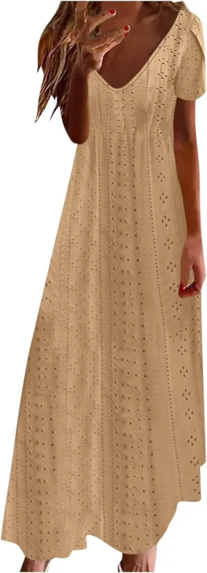 Women's Summer Maxi Dress Trendy Eyelet Embroidery Petal Sleeve Beach Dresses Ladies Casual A-Line Flowy Long Dress