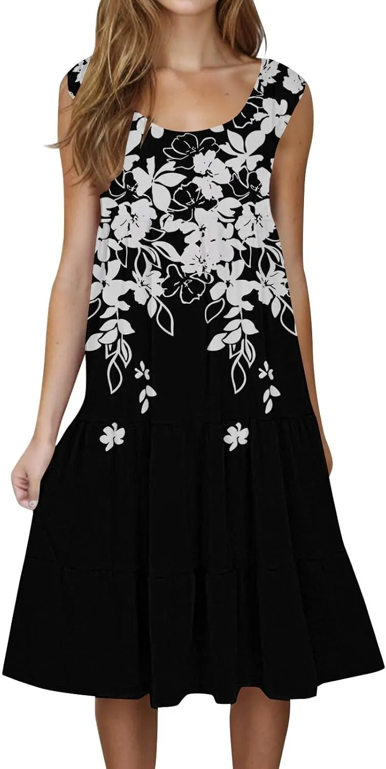 Womens Summer Midi Dress 2025 Sleeveless Crew Neck Cute Loose A line Boho Floral Casual Vacation Dresses with Pockets