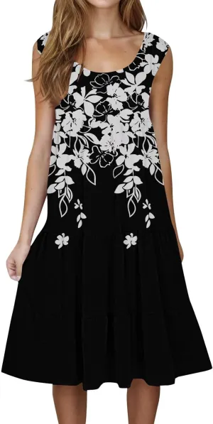Womens Summer Midi Dress 2025 Sleeveless Crew Neck Cute Loose A line Boho Floral Casual Vacation Dresses with Pockets