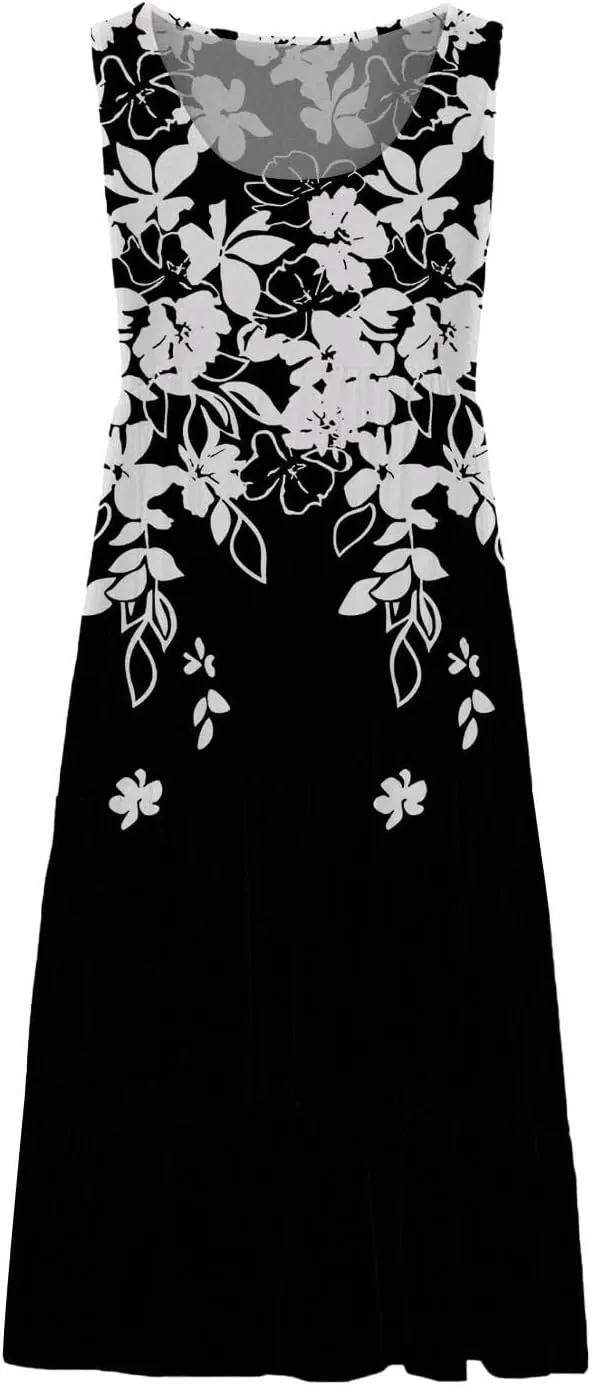 Womens Summer Midi Dress 2025 Sleeveless Crew Neck Cute Loose A line Boho Floral Casual Vacation Dresses with Pockets