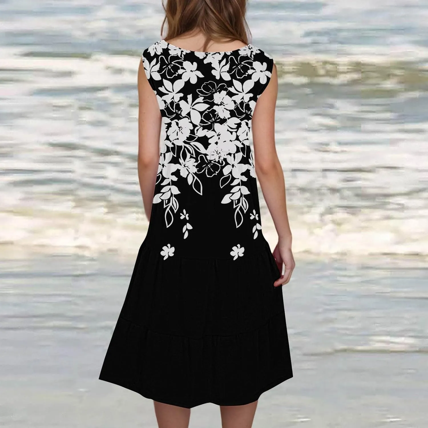 Womens Summer Midi Dress 2025 Sleeveless Crew Neck Cute Loose A line Boho Floral Casual Vacation Dresses with Pockets
