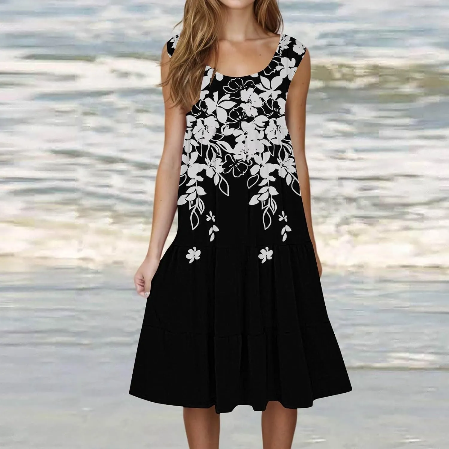 Womens Summer Midi Dress 2025 Sleeveless Crew Neck Cute Loose A line Boho Floral Casual Vacation Dresses with Pockets