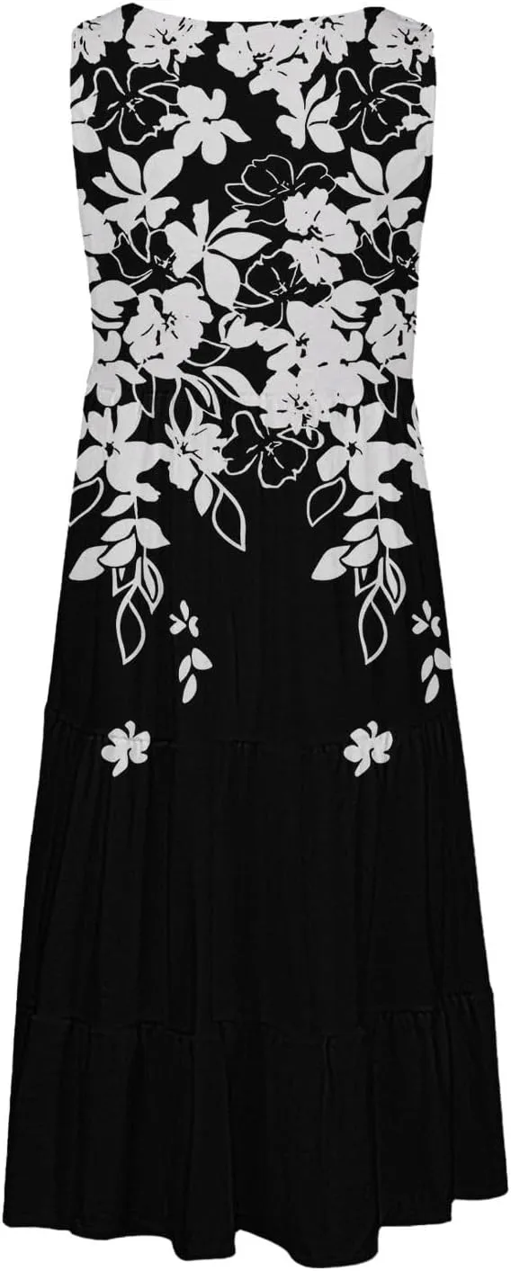 Womens Summer Midi Dress 2025 Sleeveless Crew Neck Cute Loose A line Boho Floral Casual Vacation Dresses with Pockets