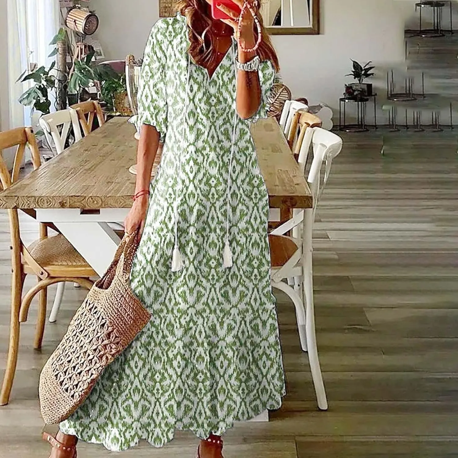 Women's Summer Ruffle Maxi Dresses Trendy Floral A-Line Swing Dress Casual 3/4 Sleeve V Neck Flowy Boho Long Dress