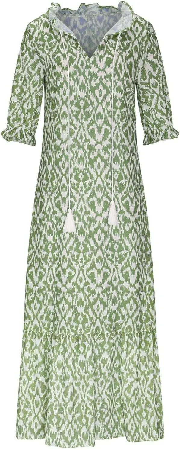 Women's Summer Ruffle Maxi Dresses Trendy Floral A-Line Swing Dress Casual 3/4 Sleeve V Neck Flowy Boho Long Dress