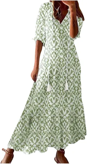 Women's Summer Ruffle Maxi Dresses Trendy Floral A-Line Swing Dress Casual 3/4 Sleeve V Neck Flowy Boho Long Dress