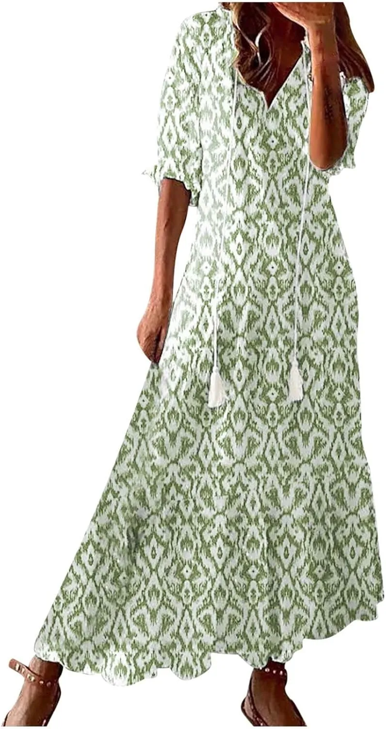 Women's Summer Ruffle Maxi Dresses Trendy Floral A-Line Swing Dress Casual 3/4 Sleeve V Neck Flowy Boho Long Dress