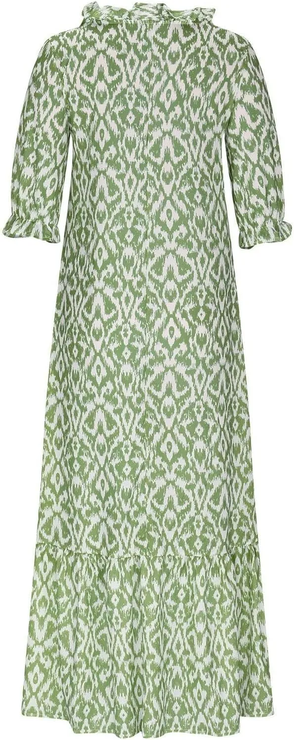 Women's Summer Ruffle Maxi Dresses Trendy Floral A-Line Swing Dress Casual 3/4 Sleeve V Neck Flowy Boho Long Dress