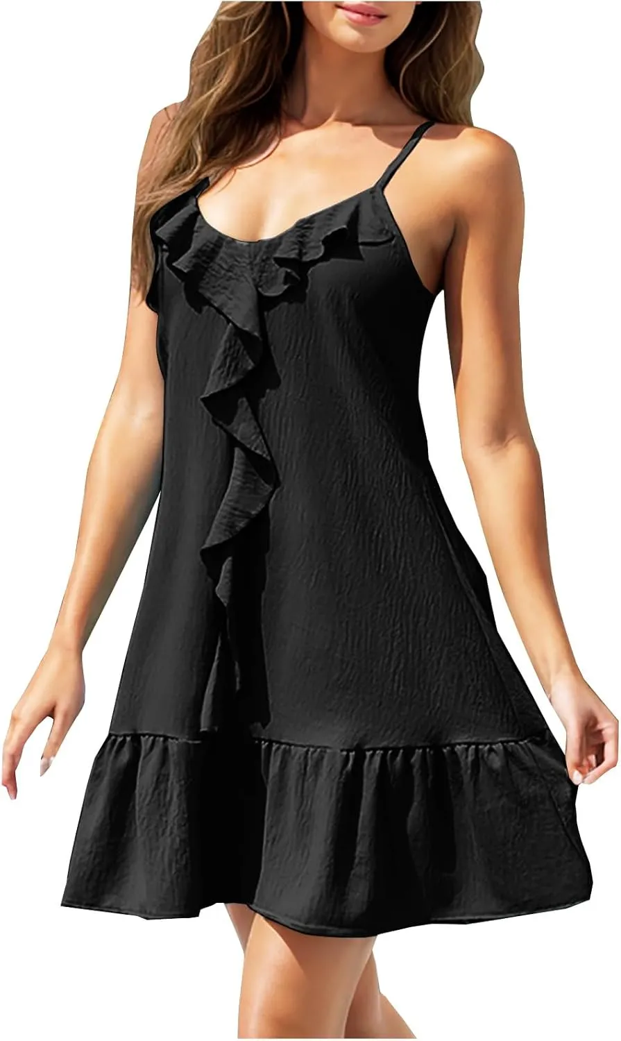 Women's Summer Ruffle Swing Mini Dress Casual Sleeveless V Neck Spaghetti Strap Sun Dresses Loose Beach Sundress