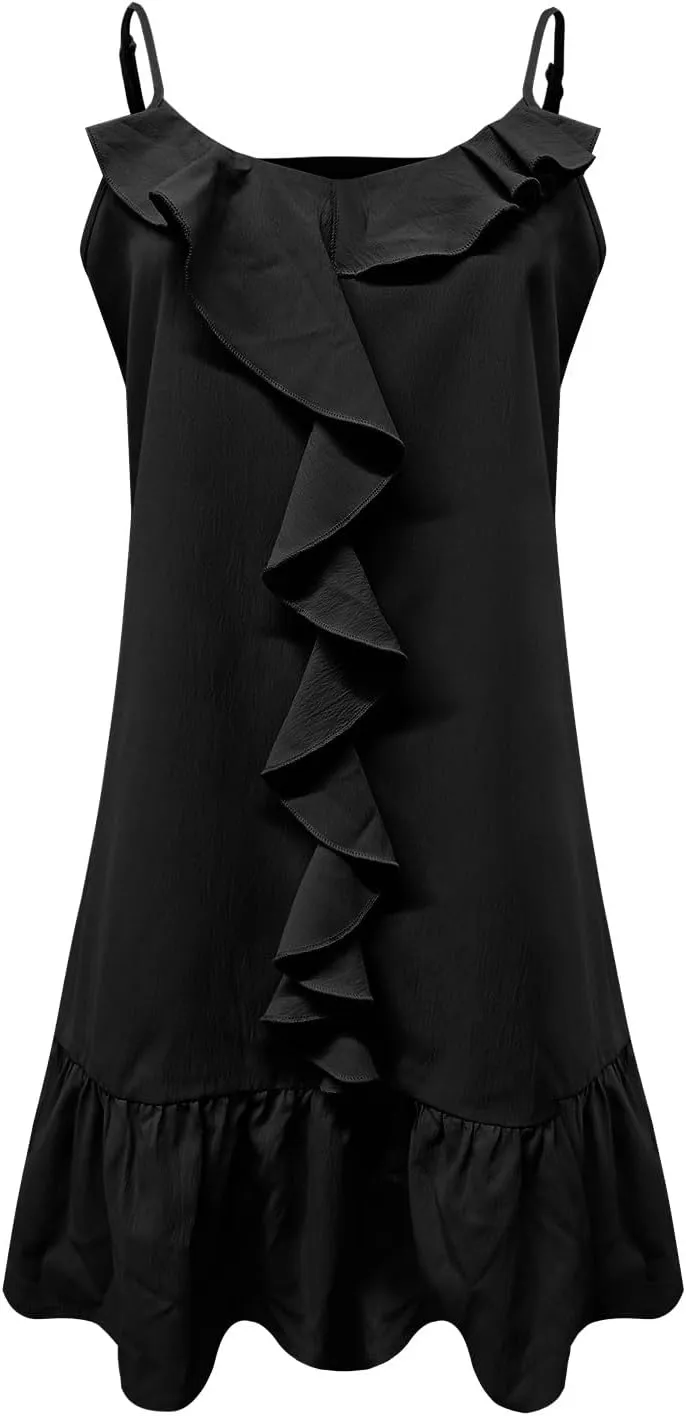Women's Summer Ruffle Swing Mini Dress Casual Sleeveless V Neck Spaghetti Strap Sun Dresses Loose Beach Sundress
