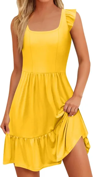 Womens Summer Sleeveless A Line Short Sundress 2025 Casual Printed Pleated Vacation Dress Boho U Neck Swing Dresses