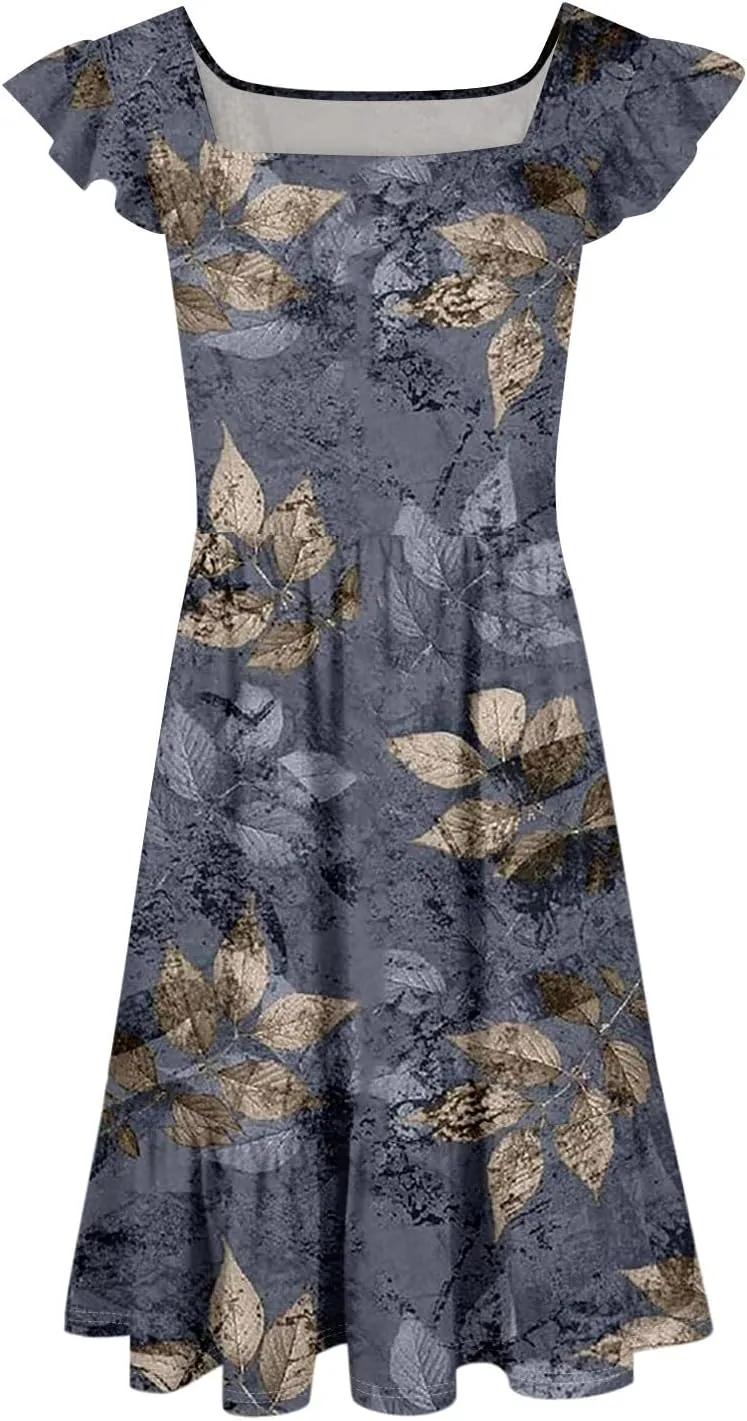 Womens Summer Sleeveless A Line Short Sundress 2025 Casual Printed Pleated Vacation Dress Boho U Neck Swing Dresses