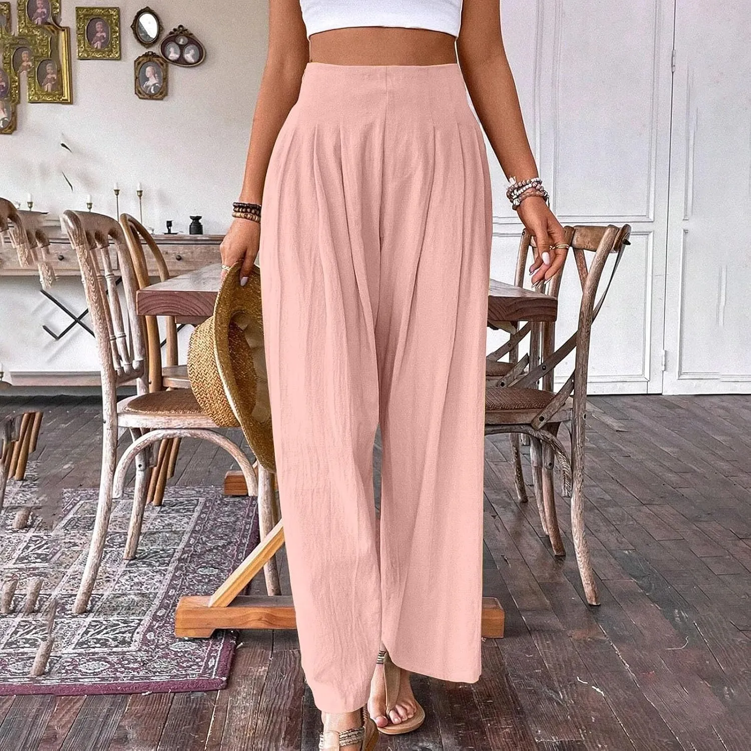 Women's Summer Wide Leg Palazzo Pants Fashion High Waistd Loose Elastic Waist Slacks Casual Going Out Flowy Trousers