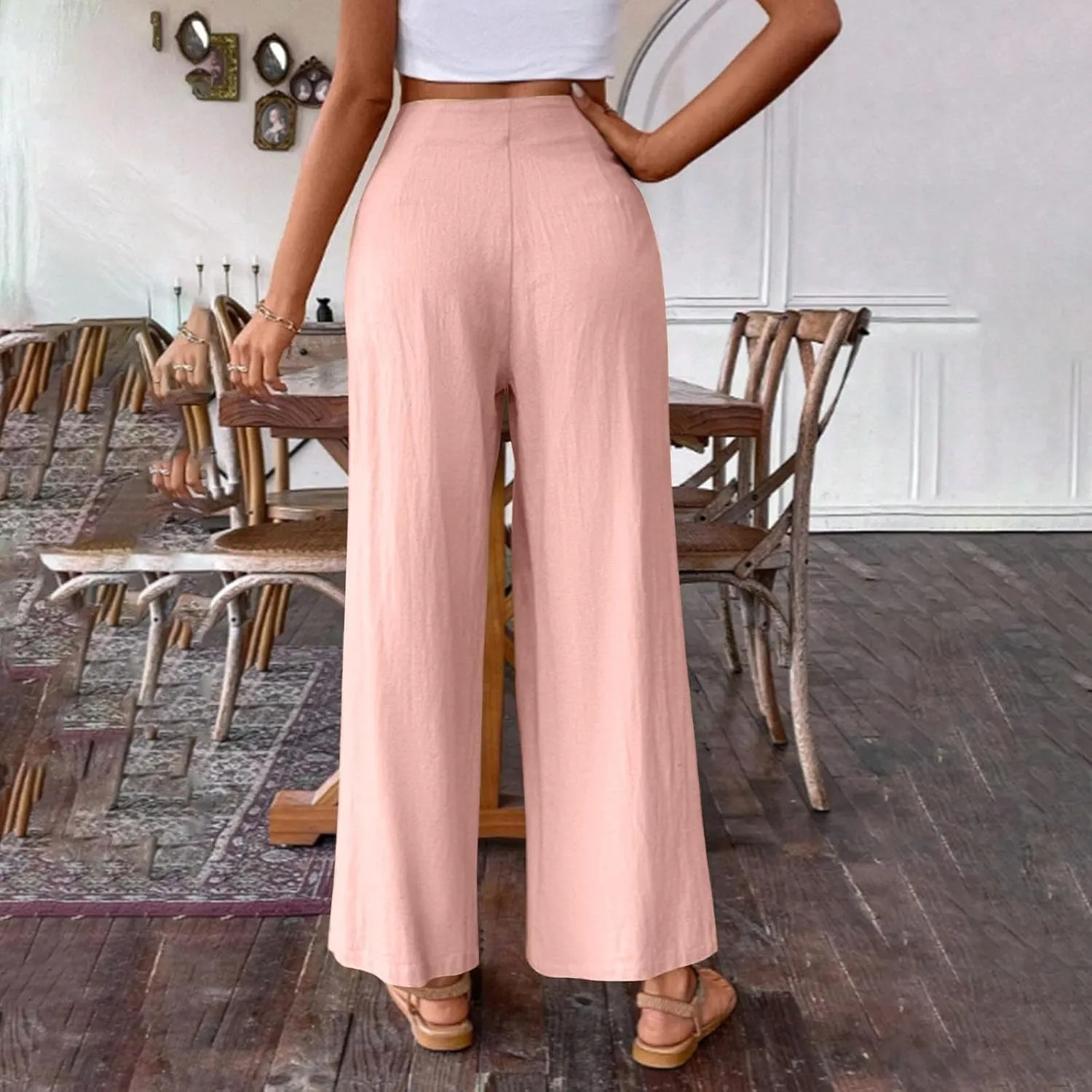 Women's Summer Wide Leg Palazzo Pants Fashion High Waistd Loose Elastic Waist Slacks Casual Going Out Flowy Trousers
