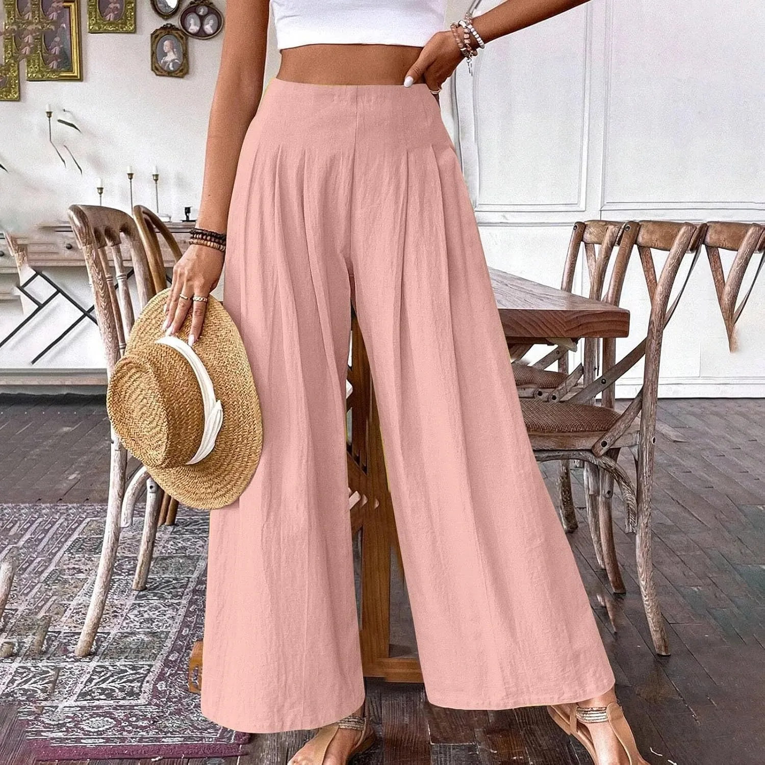 Women's Summer Wide Leg Palazzo Pants Fashion High Waistd Loose Elastic Waist Slacks Casual Going Out Flowy Trousers