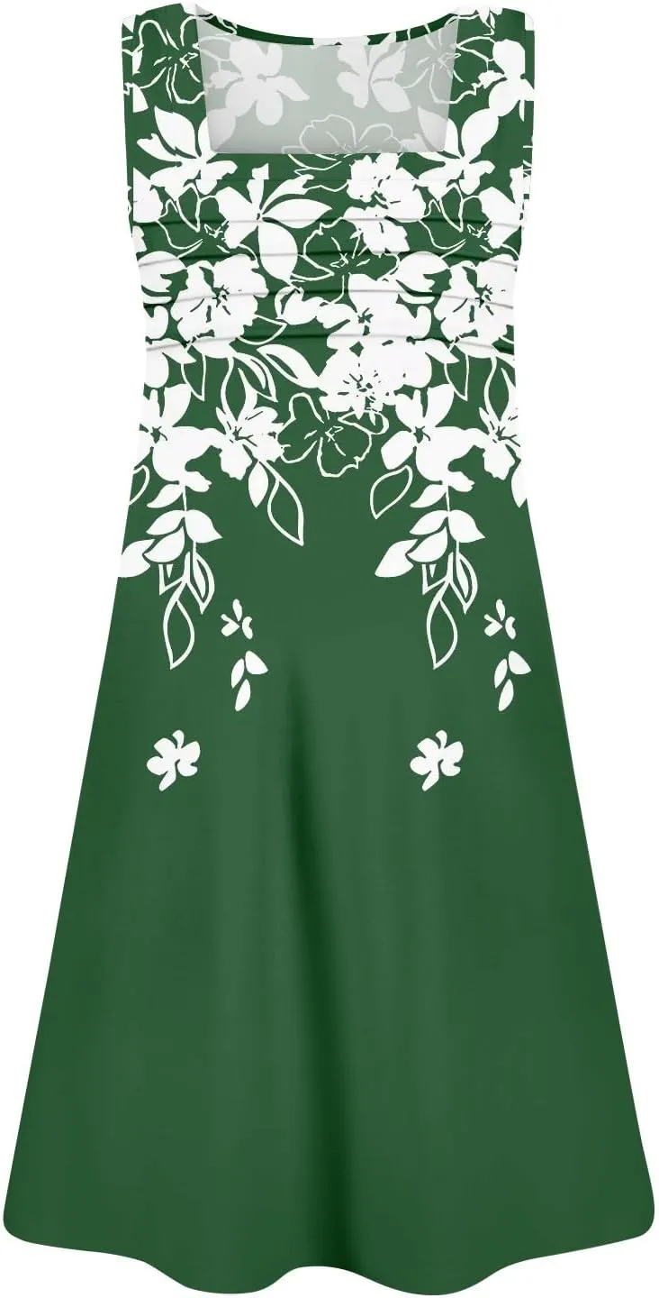 Women's Sun Dresses Summer Casual Square Neck Pleated Floral Print Swing Sundresses Beach Tshirt Dresses, S-3XL