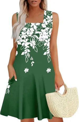 Women's Sun Dresses Summer Casual Square Neck Pleated Floral Print Swing Sundresses Beach Tshirt Dresses, S-3XL