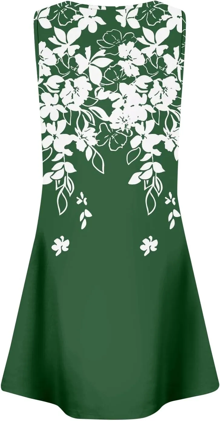Women's Sun Dresses Summer Casual Square Neck Pleated Floral Print Swing Sundresses Beach Tshirt Dresses, S-3XL