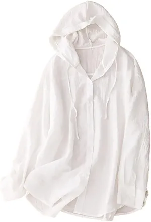 Women's Sun Protection Hoodie Long Sleeve Cotton Linen Jacket Lightweight Swim Beach Travel Cover Up Shirts
