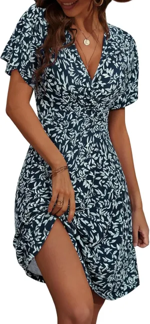 Womens Sundress Summer Floral Short Sleeve Dress Wrap V Neck A-Line Midi Dress Casual Vacation Dresses