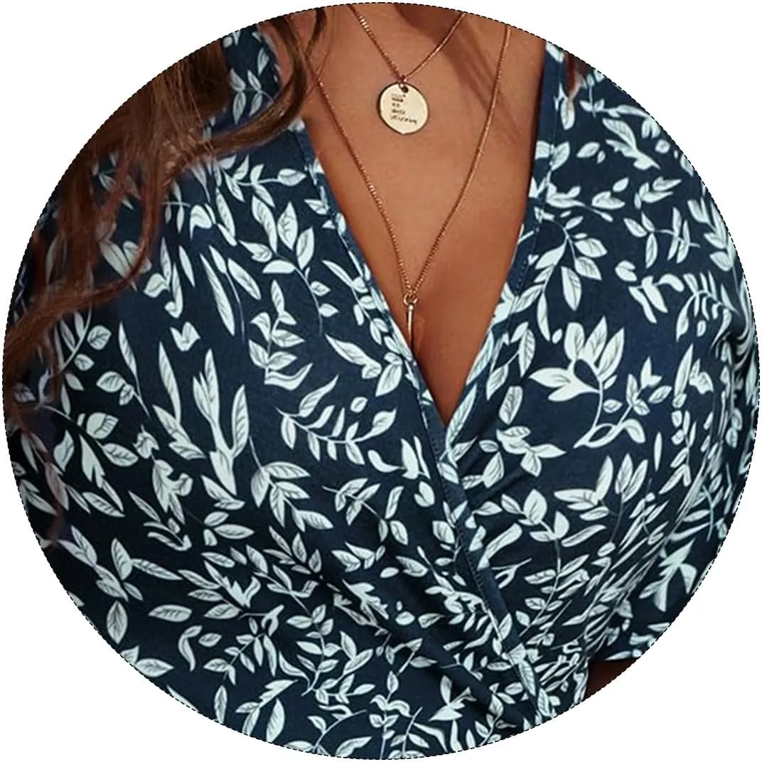Womens Sundress Summer Floral Short Sleeve Dress Wrap V Neck A-Line Midi Dress Casual Vacation Dresses