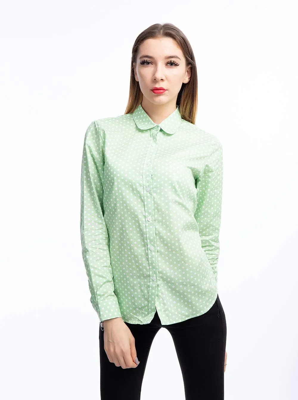 Women's Tops Feminine Long Sleeve Polka Dotted Button Down Casual Dress Blouses Shirts