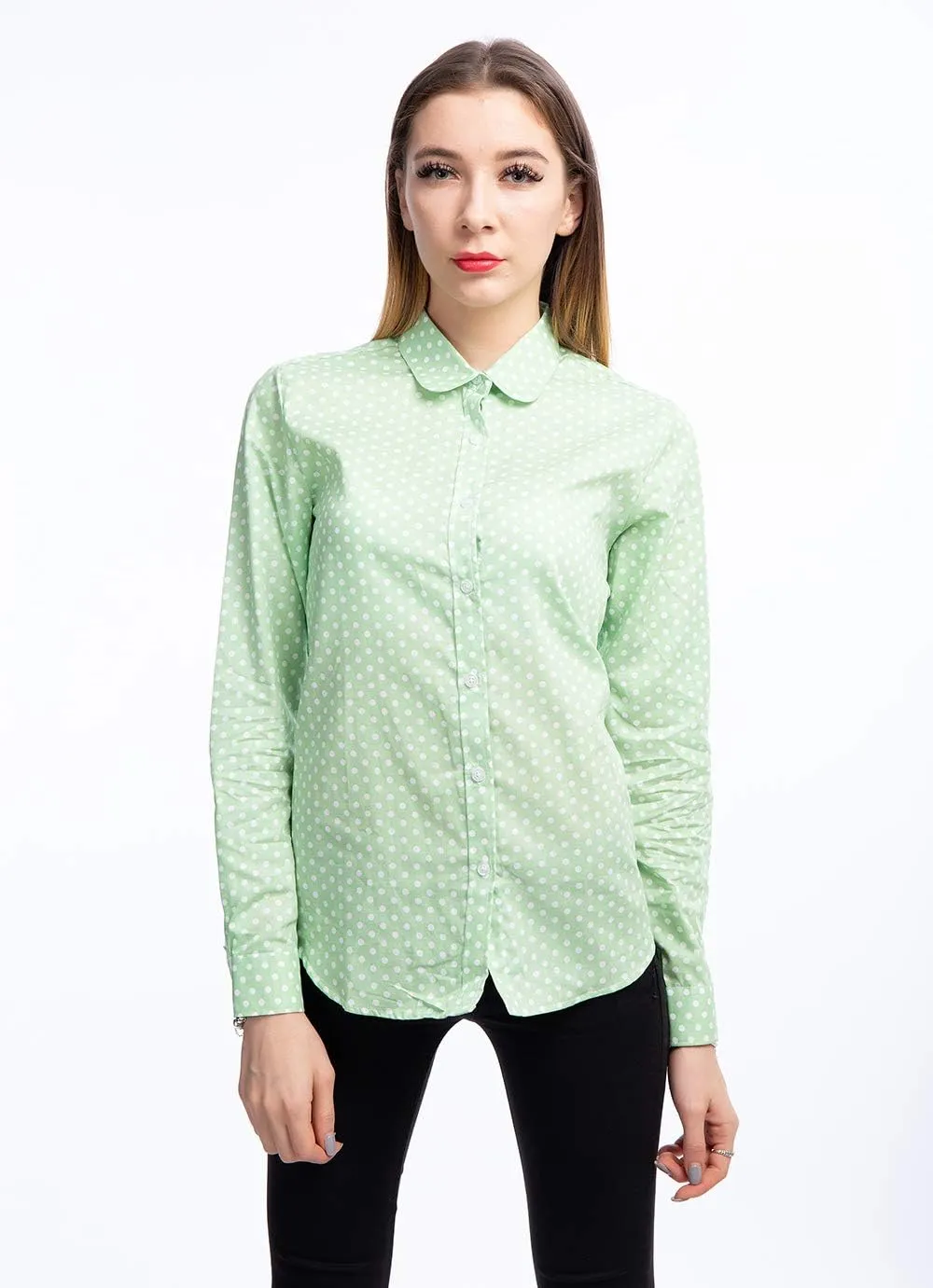 Women's Tops Feminine Long Sleeve Polka Dotted Button Down Casual Dress Blouses Shirts