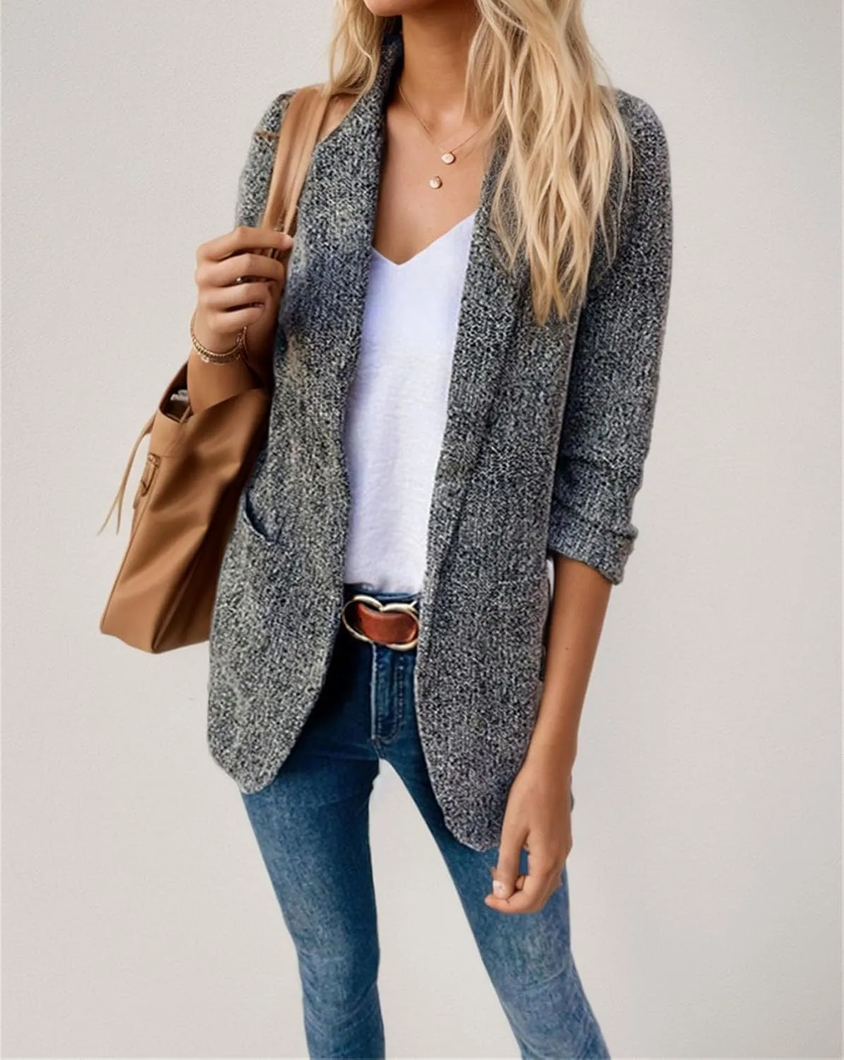 Women's Tweed Style 3/4 Sleeve Blazers Lapel Open Front Business Jacket Dressy Casual Suits Outfits Fitted Coats with Pockets