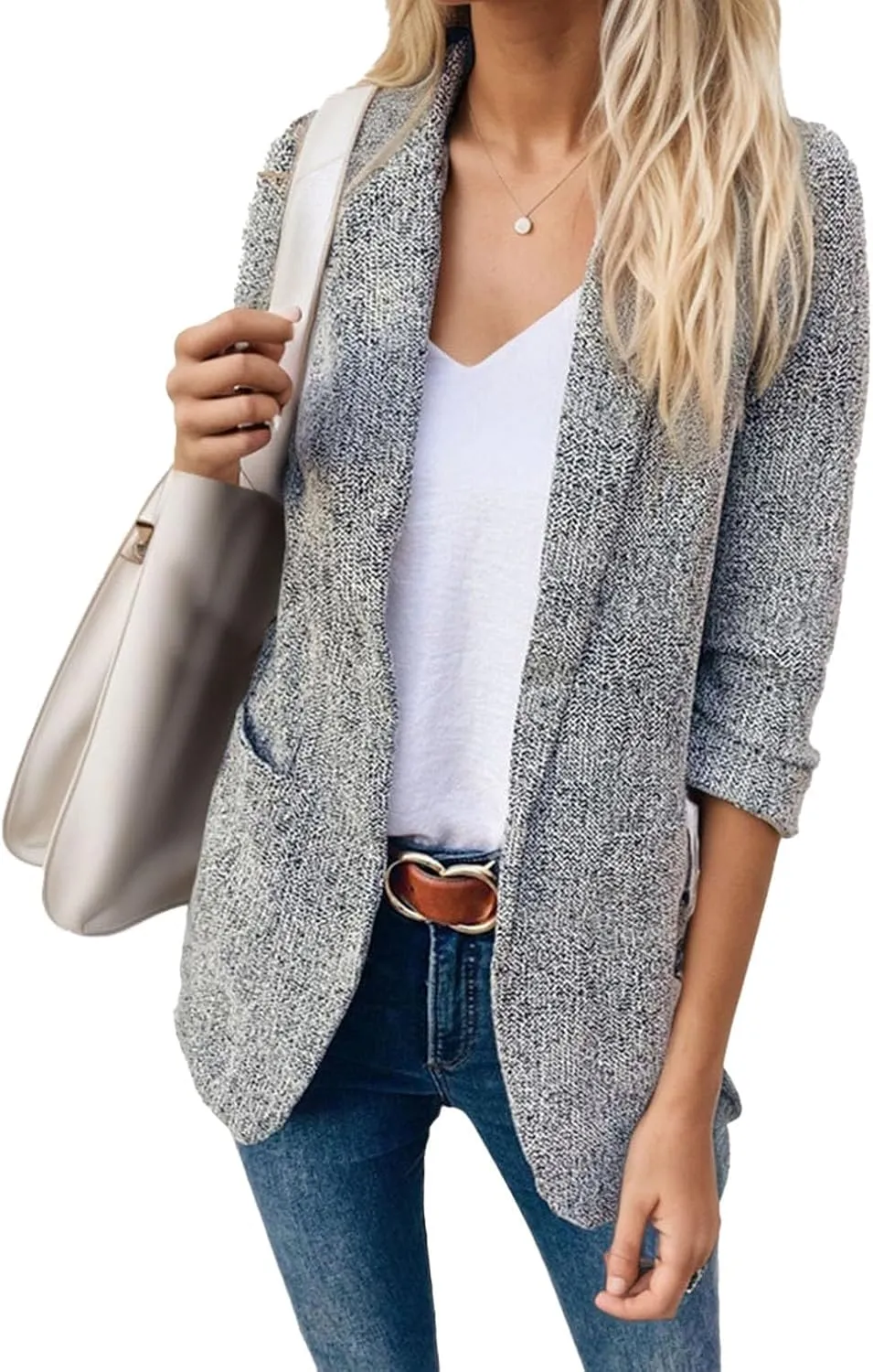 Women's Tweed Style 3/4 Sleeve Blazers Lapel Open Front Business Jacket Dressy Casual Suits Outfits Fitted Coats with Pockets