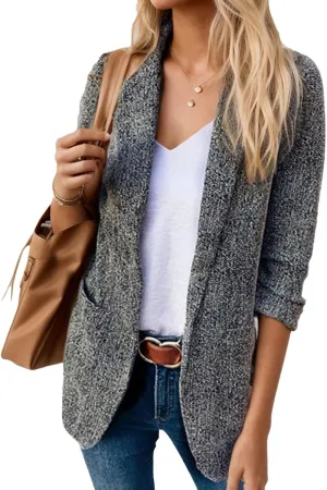 Women's Tweed Style 3/4 Sleeve Blazers Lapel Open Front Business Jacket Dressy Casual Suits Outfits Fitted Coats with Pockets