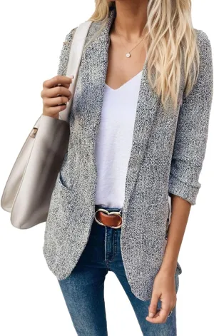 Women's Tweed Style 3/4 Sleeve Blazers Lapel Open Front Business Jacket Dressy Casual Suits Outfits Fitted Coats with Pockets