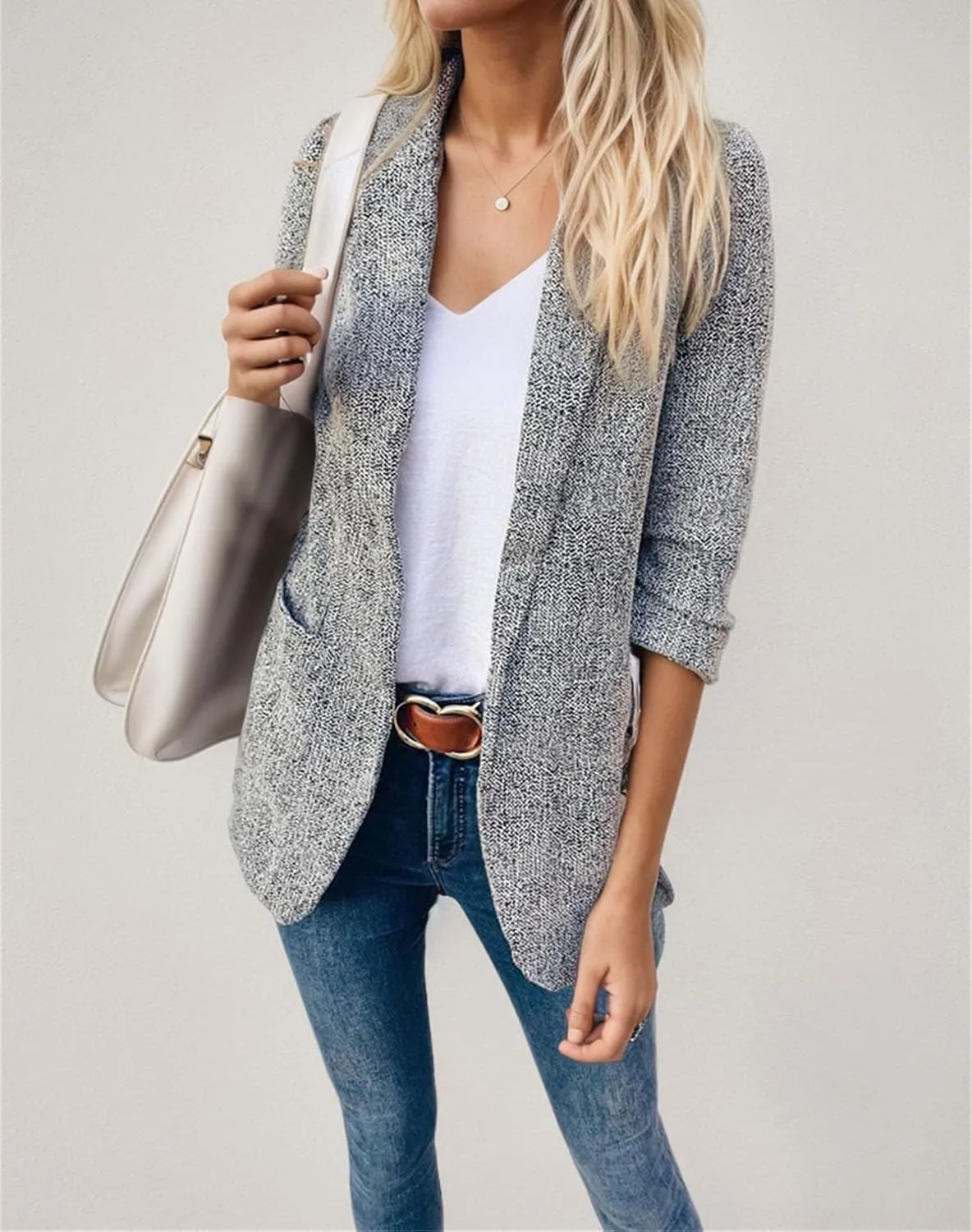 Women's Tweed Style 3/4 Sleeve Blazers Lapel Open Front Business Jacket Dressy Casual Suits Outfits Fitted Coats with Pockets
