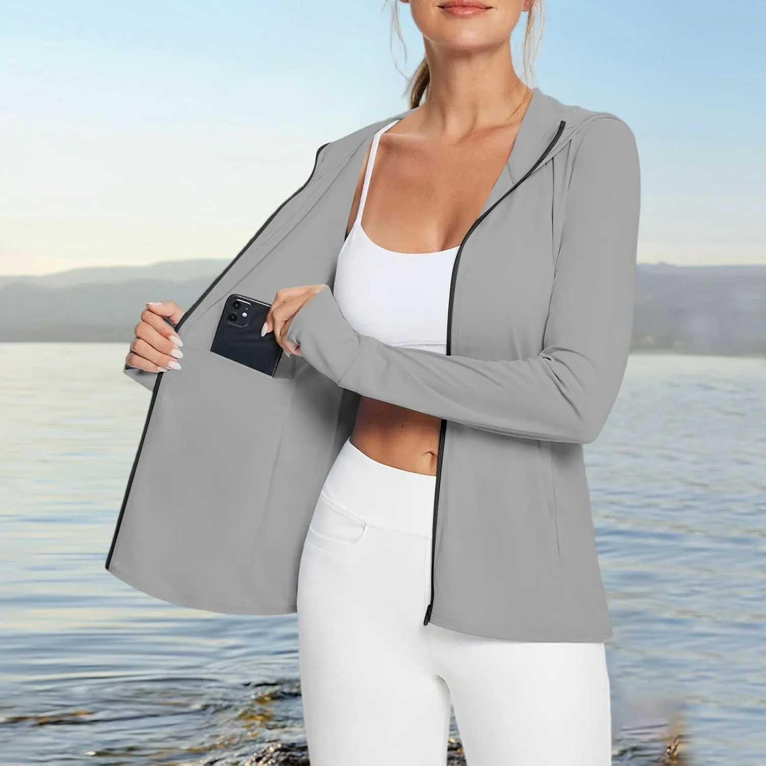 Women's UPF Sun Protection Shirts SPF Jacket UV Zip Up Hoodie Long Sleeve Summer Ice Silk Outdoor with Pockets