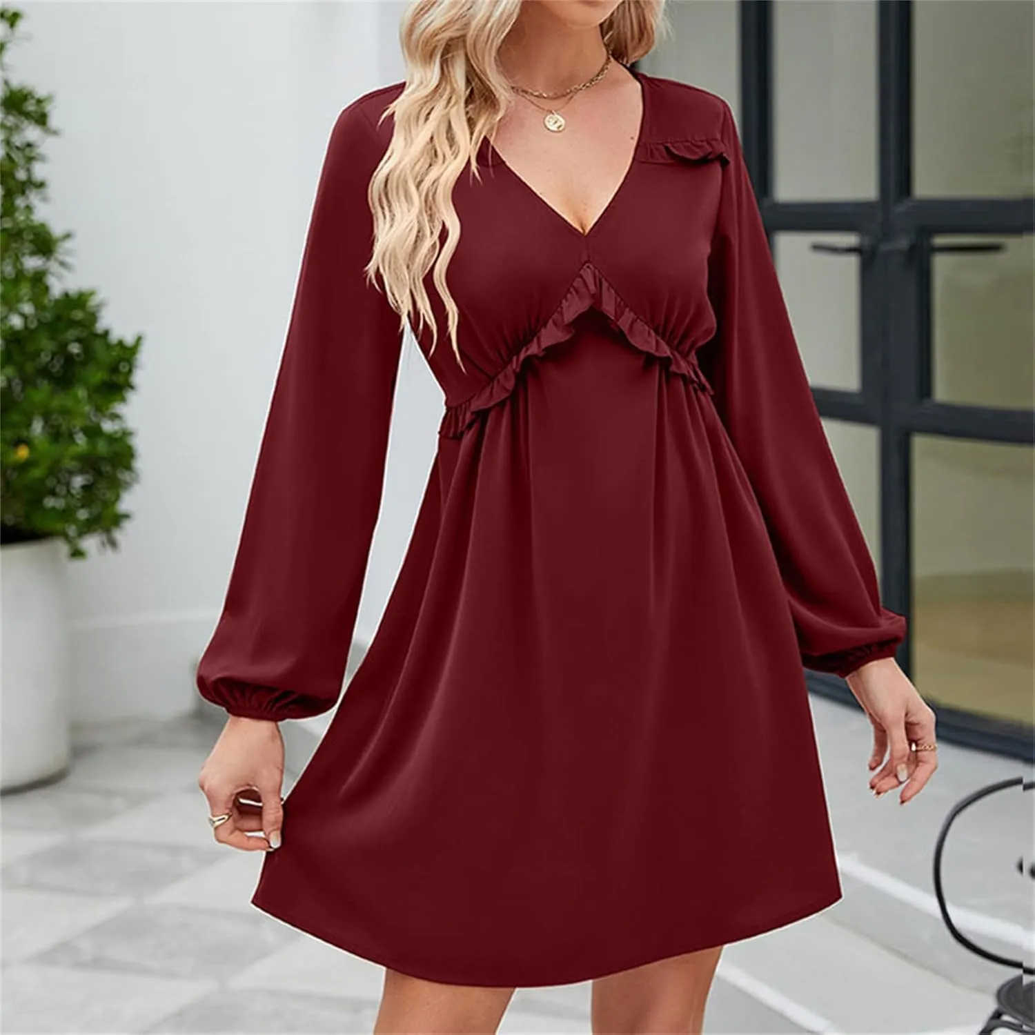 Womens V Neck Dresses 2023 Sexy Fashion Ruffle Short Dress Casual Long Sleeve High Waist Aline Fall Midi Dress