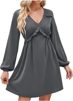 Womens V Neck Dresses 2023 Sexy Fashion Ruffle Short Dress Casual Long Sleeve High Waist Aline Fall Midi Dress