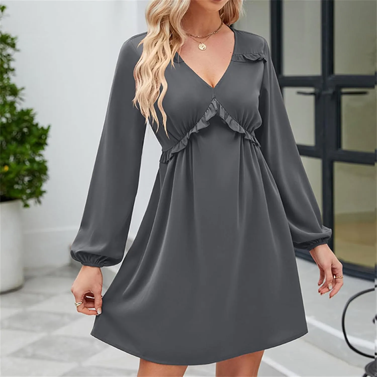 Womens V Neck Dresses 2023 Sexy Fashion Ruffle Short Dress Casual Long Sleeve High Waist Aline Fall Midi Dress
