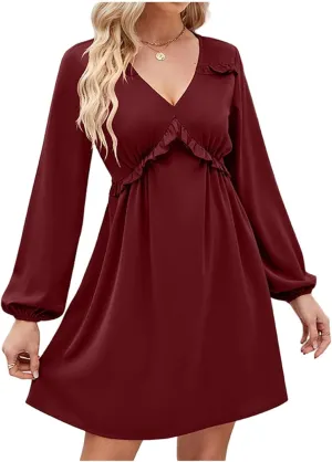 Womens V Neck Dresses 2023 Sexy Fashion Ruffle Short Dress Casual Long Sleeve High Waist Aline Fall Midi Dress