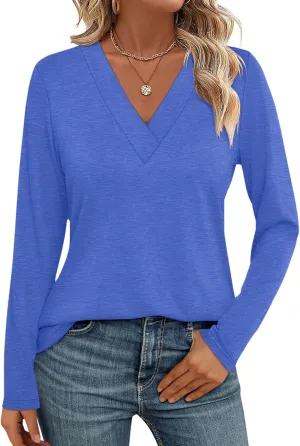 Womens V Neck Long Sleeve Shirts Dressy Casual Fall Tops Trendy Loose Tunic Tops Blouse