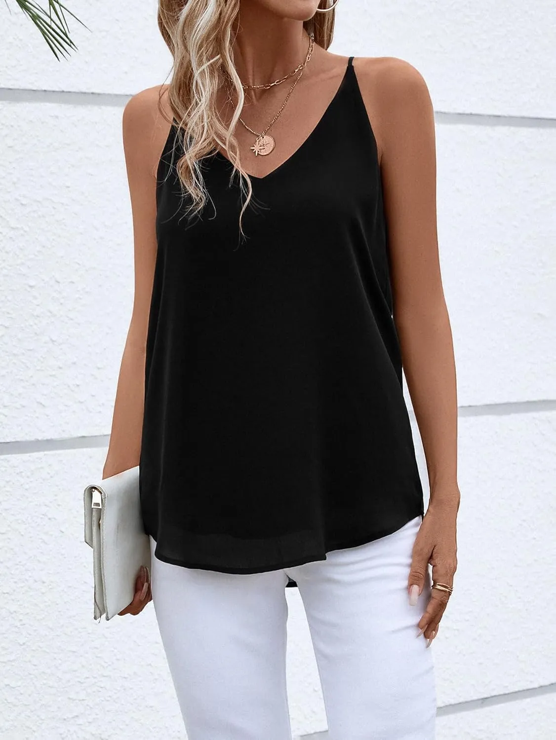 Womens V Neck Spaghetti Strap Tank Tops Dressy Casual Camisole Blouses Sleeveless Loose Cami Basic Tank Shirt