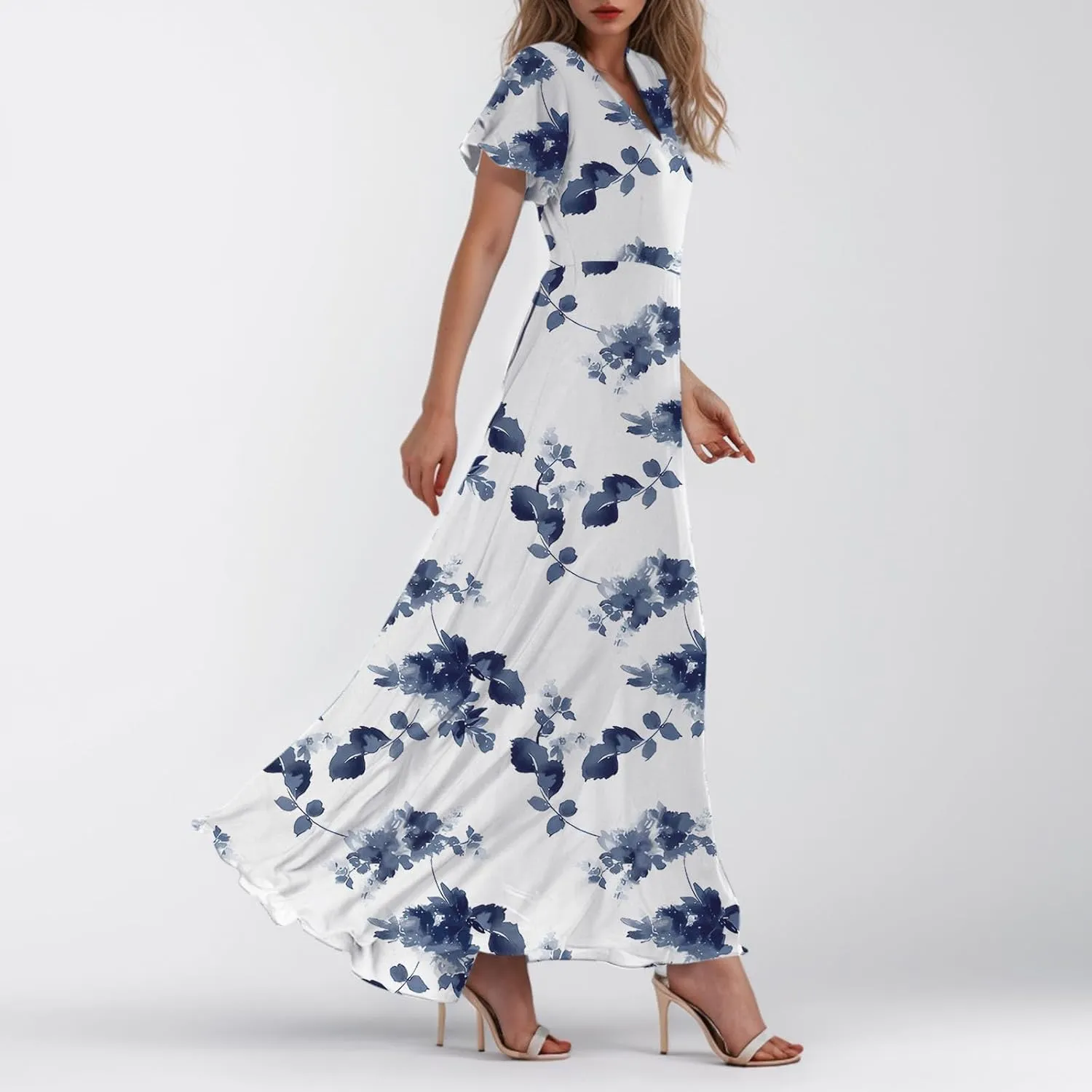 Women's Vacation Dresses 2025 Long Chiffon Floral Short Sleeves Ruffle V Neck Fashion A-Line High Wasit Dress, XS-2XL