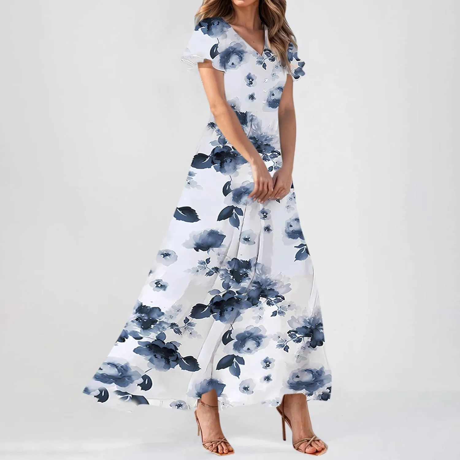 Women's Vacation Dresses 2025 Long Chiffon Floral Short Sleeves Ruffle V Neck Fashion A-Line High Wasit Dress, XS-2XL