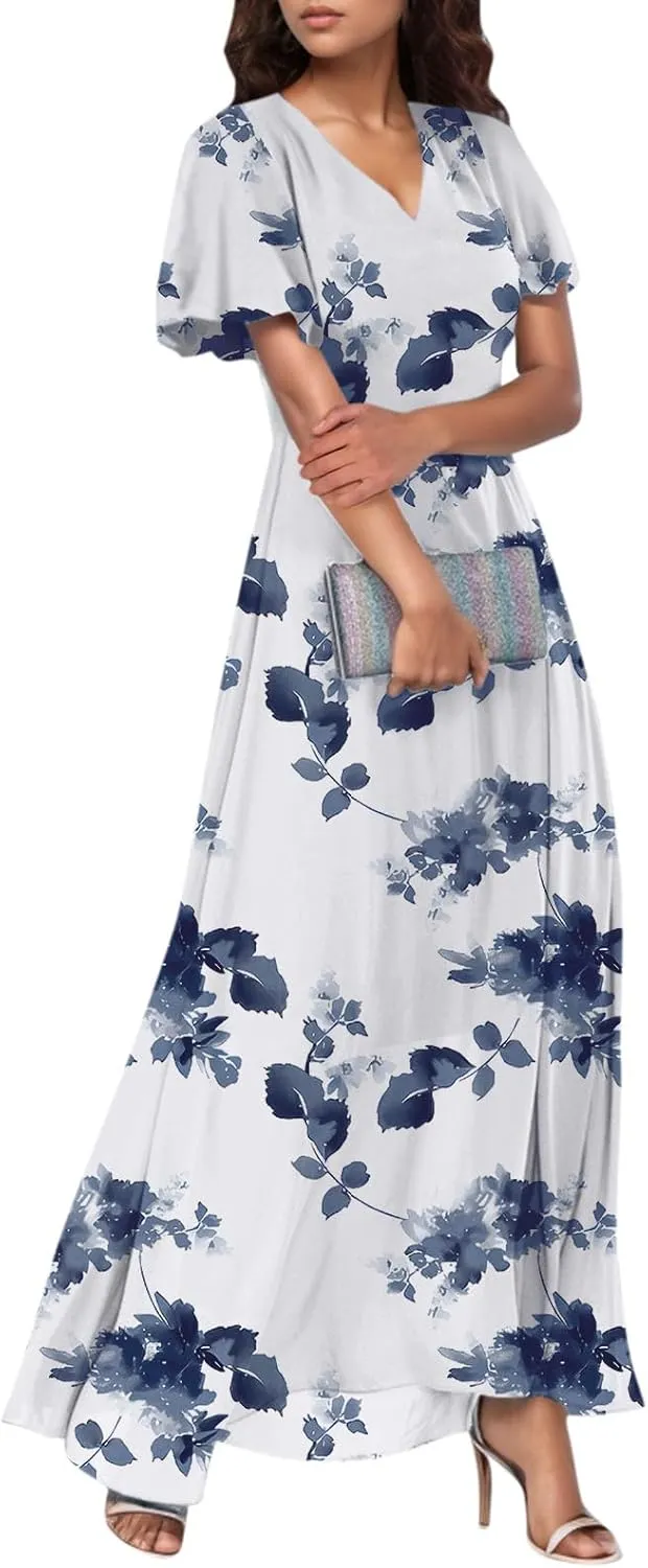Women's Vacation Dresses 2025 Long Chiffon Floral Short Sleeves Ruffle V Neck Fashion A-Line High Wasit Dress, XS-2XL