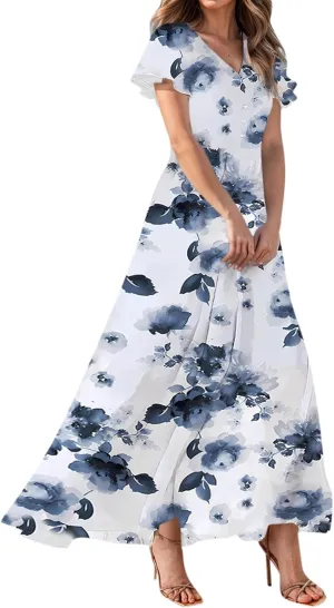 Women's Vacation Dresses 2025 Long Chiffon Floral Short Sleeves Ruffle V Neck Fashion A-Line High Wasit Dress, XS-2XL