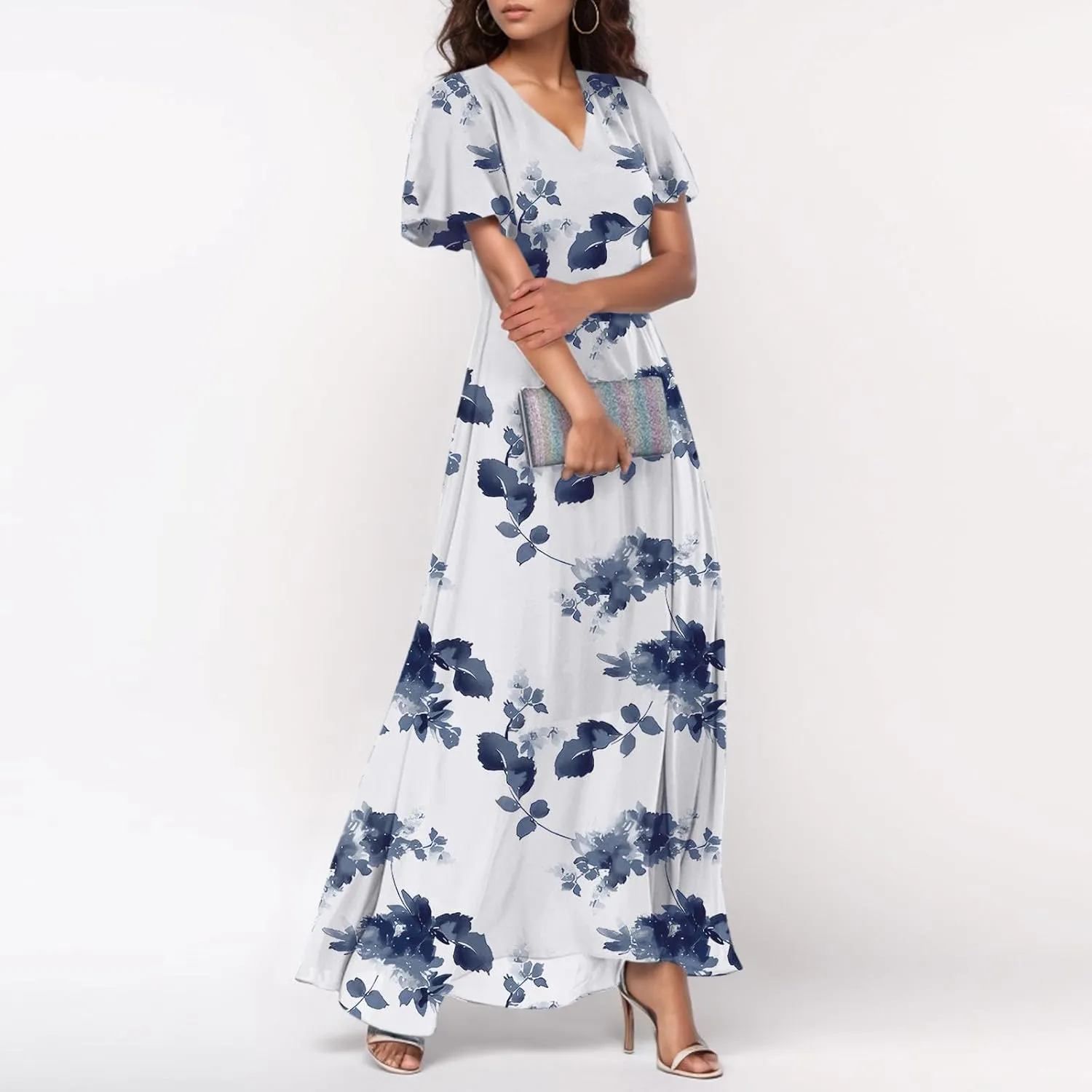 Women's Vacation Dresses 2025 Long Chiffon Floral Short Sleeves Ruffle V Neck Fashion A-Line High Wasit Dress, XS-2XL