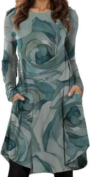 Women's Vintage Ethnic Floral Crew Neck Tunic Midi Dress Fall Loose Long Sleeve Plus Size Swing Dresses with 2 Pockets