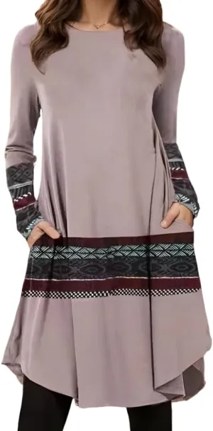 Women's Vintage Ethnic Floral Crew Neck Tunic Midi Dress Fall Loose Long Sleeve Plus Size Swing Dresses with 2 Pockets